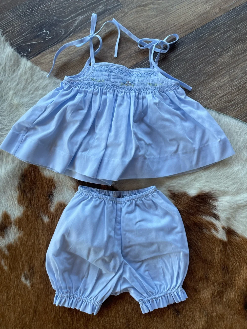 Feltman Bros Light Blue Two-Piece Smocked Top and Shorts Set - Picture 1 of 4